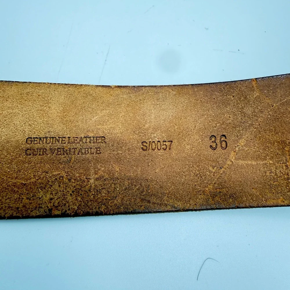 American Eagle Mens Brown Genuine Leather Belt Hammered Plaque Buckle Size 36